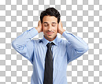 handsome businessman covering his ears  isolated on a png background.