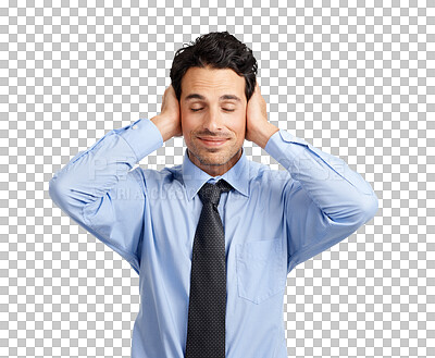 Buy stock photo Studio shot of a handsome businessman covering his ears
