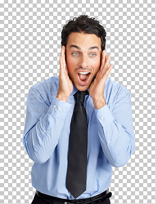 Buy stock photo A shocked and surprised young businessman against a PNG background