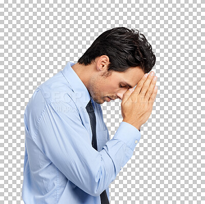 Buy stock photo A businessman saying a desperate prayer isolated on a png background