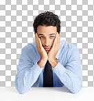 A demoralized  businessman leaning on a table with his head in his hands against isolated on a png background