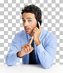 A businessman making a phone call and gesturing for you to wait  isolated on a png background.