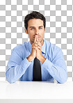  handsome businessman looking thoughtful while seated in   isolated on a png background.