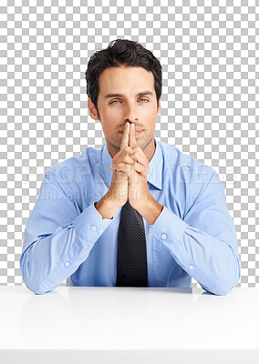 Buy stock photo Shot of a handsome businessman looking thoughtful while seated in studio