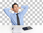 A Relaxed businessman sitting at his desk with his eyes closed isolated on a png background