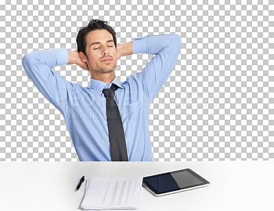 Buy stock photo A Relaxed businessman sitting at his desk with his eyes closed isolated on a png background