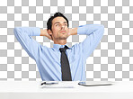 A relaxed  businessman sitting at his desk  isolated on a png background.