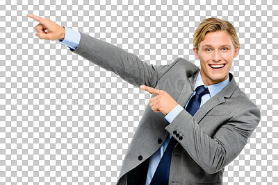 Buy stock photo A handsome businessman standing alone in the studio and pointing at a promotion isolated on a png background