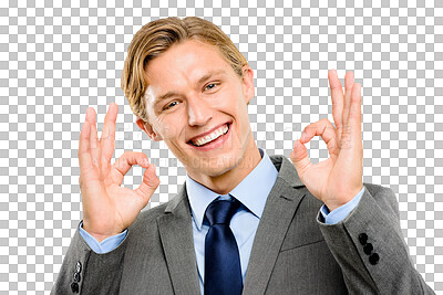 Buy stock photo  a handsome businessman standing alone in the studio and showing an okay sign isolated on a png background