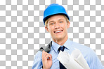 A handsome contractor standing alone in the studio and holding blueprints isolated on a png background
