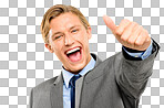 A handsome businessman standing alone in the studio and showing a thumbs up isolated on a png background