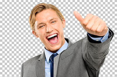 Buy stock photo A handsome businessman standing alone in the studio and showing a thumbs up isolated on a png background