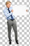 a handsome businessman standing alone in the studio and holding a blank poster 