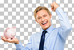 A handsome businessman standing alone in the studio and celebrating while holding a piggybank isolated on a png background