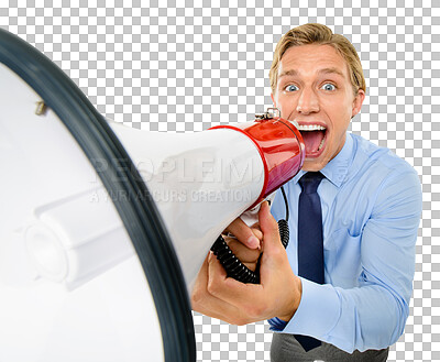 Buy stock photo  a handsome businessman standing alone in the studio and using a megaphone  isolated on a png background
