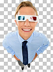  a handsome businessman standing alone in the studio and wearing 3d glasses isolated on a png background