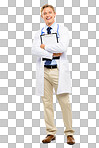 a handsome doctor standing alone in the studio and holding a clipboard isolated on a png background