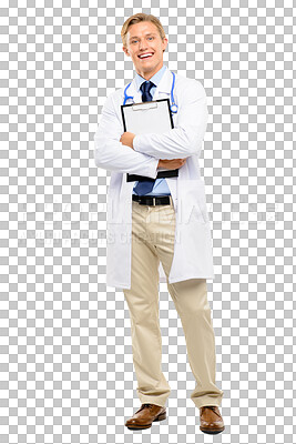 Buy stock photo a handsome doctor standing alone in the studio and holding a clipboard isolated on a png background