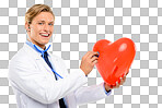 A handsome doctor standing alone in the studio and using a stethoscope on a balloon heart isolated on a png background