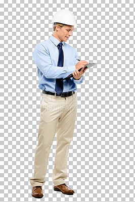 Buy stock photo A handsome contractor standing alone in the studio and writing on a clipboard isolated on a png background