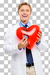 A handsome doctor standing alone in the studio and using a stethoscope on a balloon heart isolated on a png background