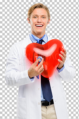 Buy stock photo A handsome doctor standing alone in the studio and using a stethoscope on a balloon heart isolated on a png background