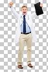 A handsome doctor standing alone in the studio and holding a clipboard while celebrating isolated on a png background