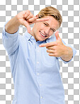 A handsome businessman standing alone in the studio and using his fingers to frame his face isolated on a png background
