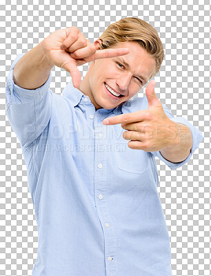 Buy stock photo A handsome businessman standing alone in the studio and using his fingers to frame his face isolated on a png background