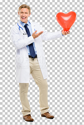 Buy stock photo A handsome doctor standing alone in the studio and holding a balloon heart isolated on a png background