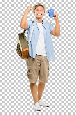 Buy stock photo  a handsome tourist standing alone in the studio and celebrating while holding his passport 
isolated on a png background