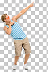 A handsome man standing alone in the studio and pointing at a promotion isolated on a png background