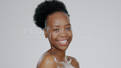 Buy stock photo Face, skincare and smile of black woman in studio isolated on a gray background mockup space. Portrait, natural beauty and cosmetics of African model in spa facial treatment, wellness and skin health