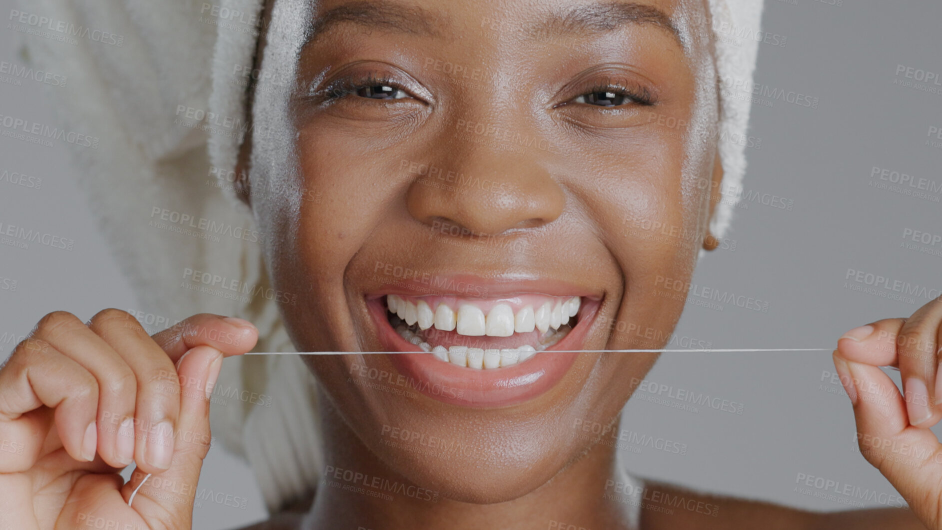 Buy stock photo Portrait, black woman with floss for teeth and dental, health and wellness with beauty on grey background. Oral hygiene, orthodontics and clean plaque away with smile and morning routine in studio