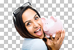  a businesswoman holding her piggybank against isolated on a png background