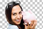 a businesswoman holding her piggybank against isolated on a png background