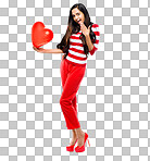 a beautiful woman holding a heart shaped balloon against isolated on a png background