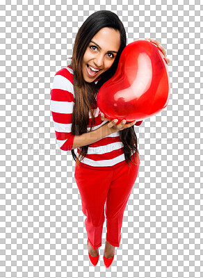 Buy stock photo A beautiful  woman holding a heart shaped balloon isolated on a png background