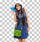 A woman holding her passport isolated on a png background