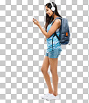 A female student listening to music using her smartphone against isolated on a png background
