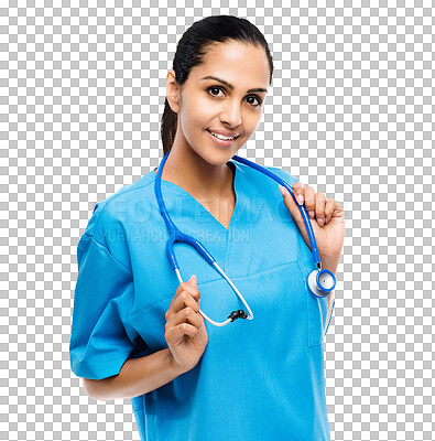 Buy stock photo A female holding her stethoscope isolated on a png background