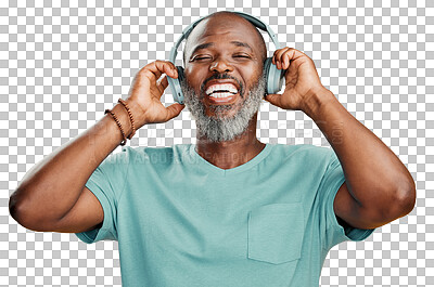 Buy stock photo Happy mature African American man standing alone against isolated on a png background and wearing headphones to listen to music. Smiling portrait of senior black man with grey beard enjoying music
