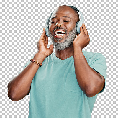 Buy stock photo Happy mature African American man standing alone against isolated on a png background in a studio and wearing headphones to listen to music. Smiling portrait of senior black man with grey beard enjoying music