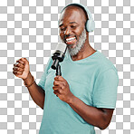 Happy mature African American man wearing headphones to listen to music while singing karaoke with a microphone. Smiling black man enjoying and holding a mic to sing isolated on a png background