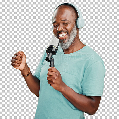Buy stock photo Happy mature African American man wearing headphones to listen to music while singing karaoke with a microphone. Smiling black man enjoying and holding a mic to sing isolated on a png background