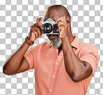 One African American man standing alone against isolated on a png background in a studio and taking pictures on a camera. Confident black man holding a camera and taking photographs as a hobby. Smile and pose