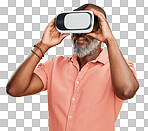 One mature african american man using a virtual reality headset while standing in studio isolated Handsome man with a grey beard using wireless technology to play games isolated on a png background