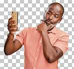 One contemplative trendy mature African American man taking selfies on a cellphone Fashionable black man standing and posing while taking pictures for social media isolated on a png background