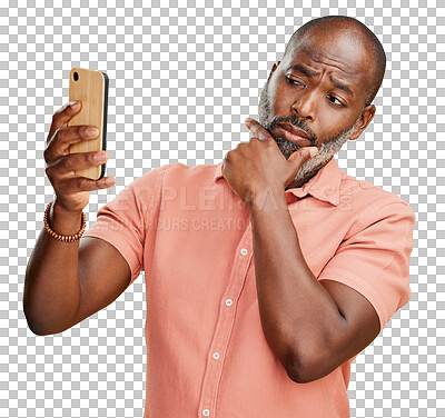Buy stock photo One contemplative trendy mature African American man taking selfies on a cellphone Fashionable black man standing and posing while taking pictures for social media isolated on a png background