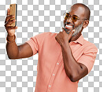 One happy trendy mature African American man taking selfies on his cellphone against